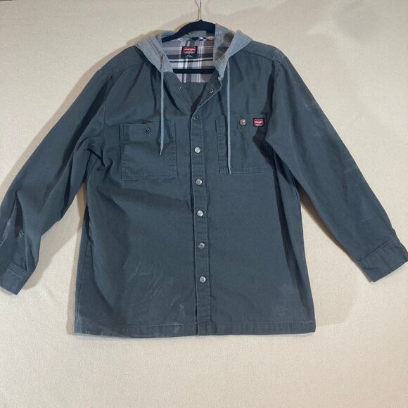 Wrangler Jacket‎ Men's Med Gray Canvas Snap Shacket Hooded Workwear Shirt - Picture 1 of 13